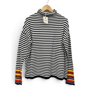 NWT ANDTHEWHY‎ Black & White Striped Rainbow Cuff Turtleneck Sweater size M/L